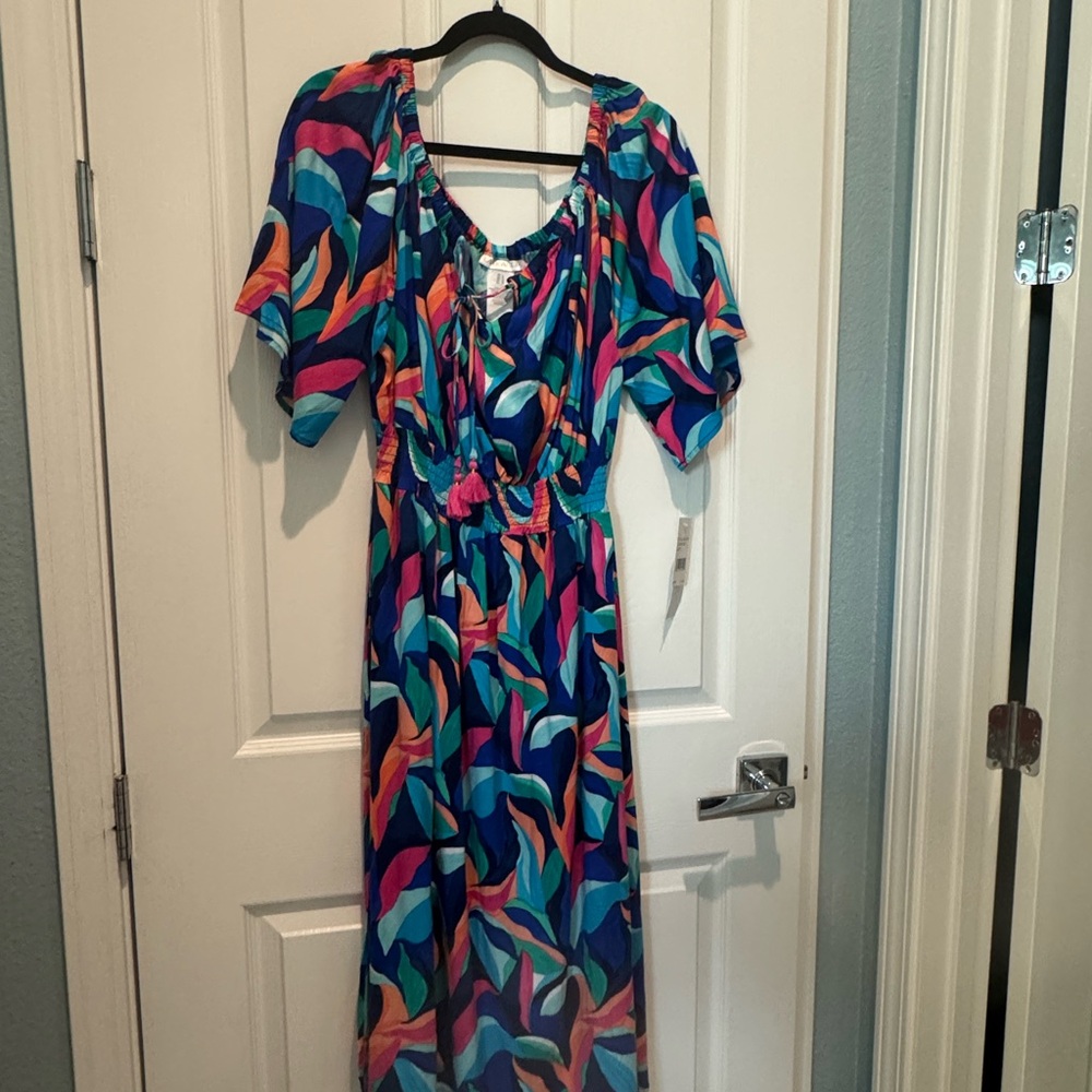 La Blanca Pink and Blue Wrap Tie Front Maxi Sundress